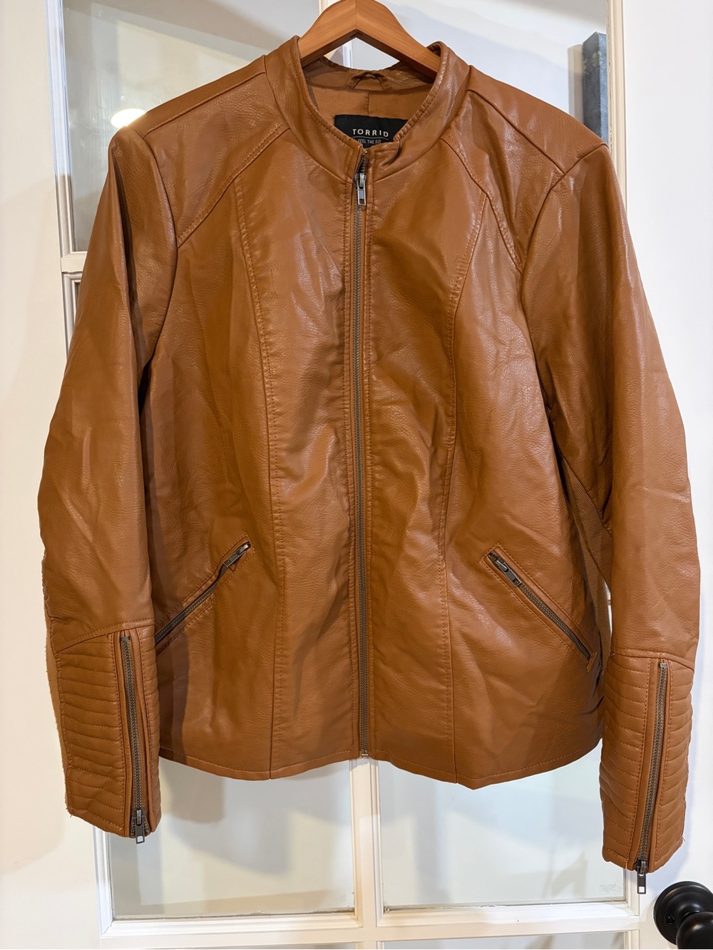 Torrid Brown Faux Leather Moto Jacket Quilted Sleeve Stand Collar